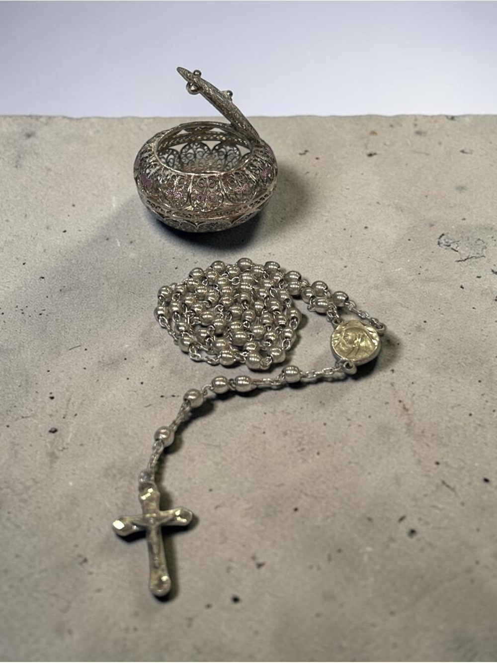 Vintage Italian Sterling Silver Filigree Rosary & Keepsake Box Set